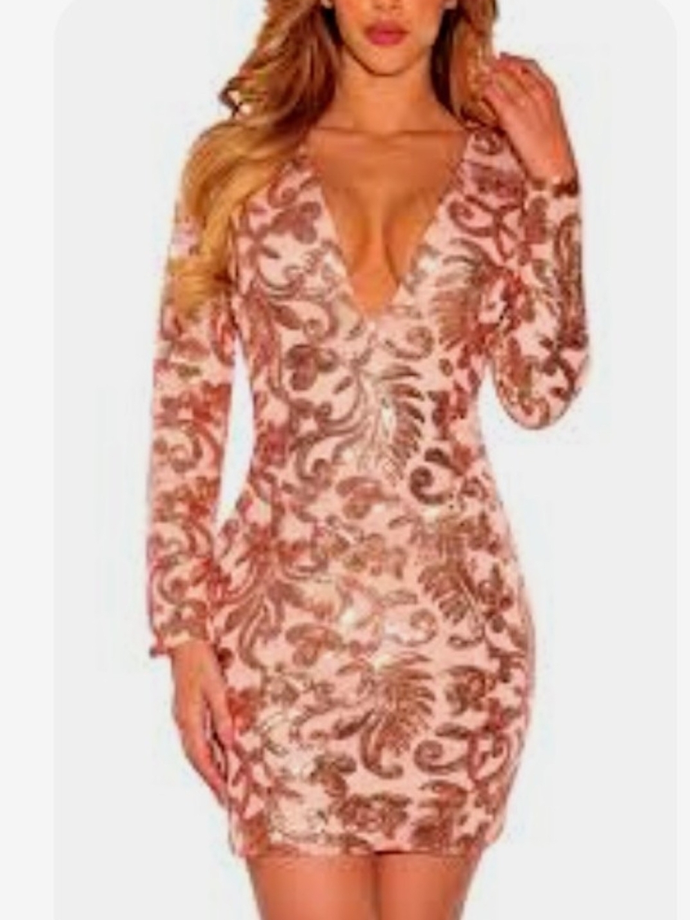 Xtaren Rose Gold Sequin Long Sleeve V-Neck Bodycon Dress